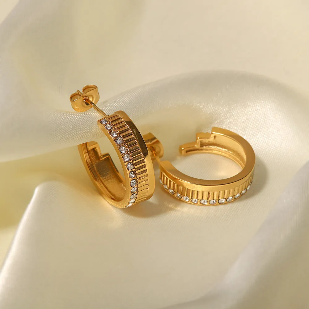 18K Gold Plated White Diamond Open Stripe Earrings