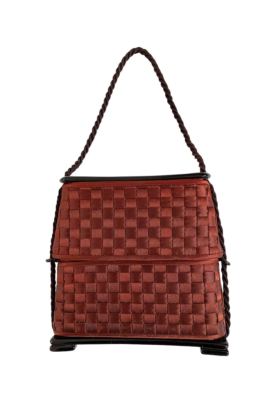 1990s Fendi Thatched Claret Silk Hard Sided Clutch Bag w Slide Top Opening