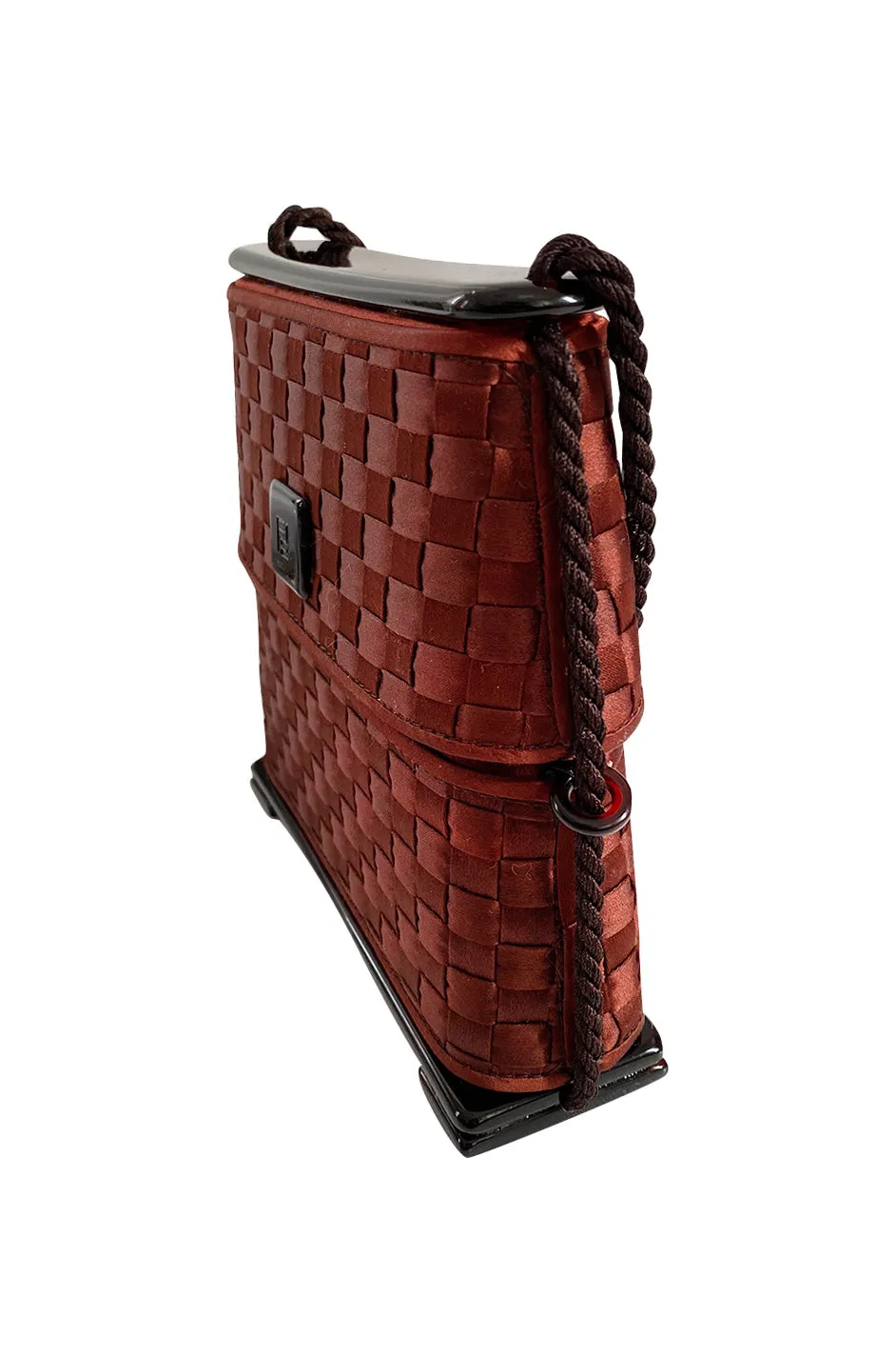 1990s Fendi Thatched Claret Silk Hard Sided Clutch Bag w Slide Top Opening