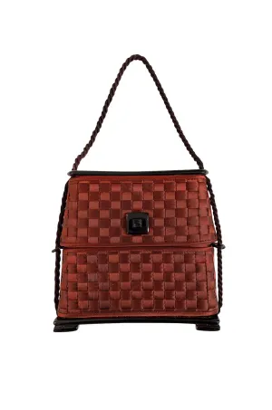 1990s Fendi Thatched Claret Silk Hard Sided Clutch Bag w Slide Top Opening