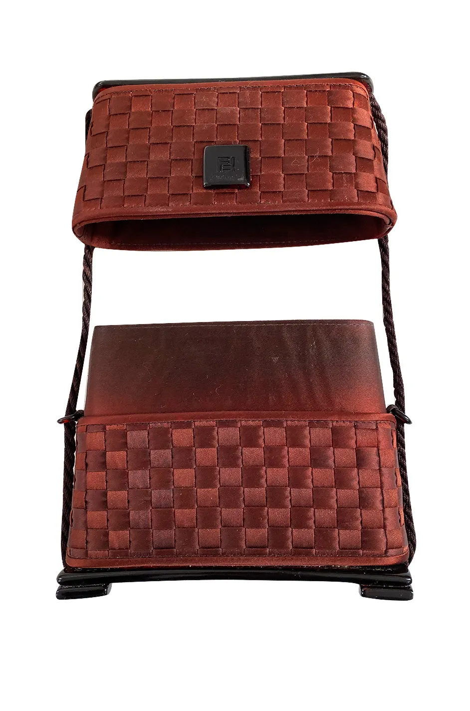 1990s Fendi Thatched Claret Silk Hard Sided Clutch Bag w Slide Top Opening