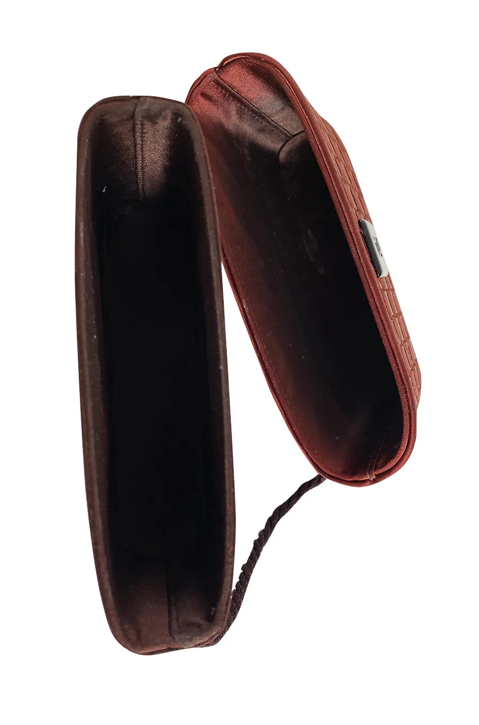 1990s Fendi Thatched Claret Silk Hard Sided Clutch Bag w Slide Top Opening