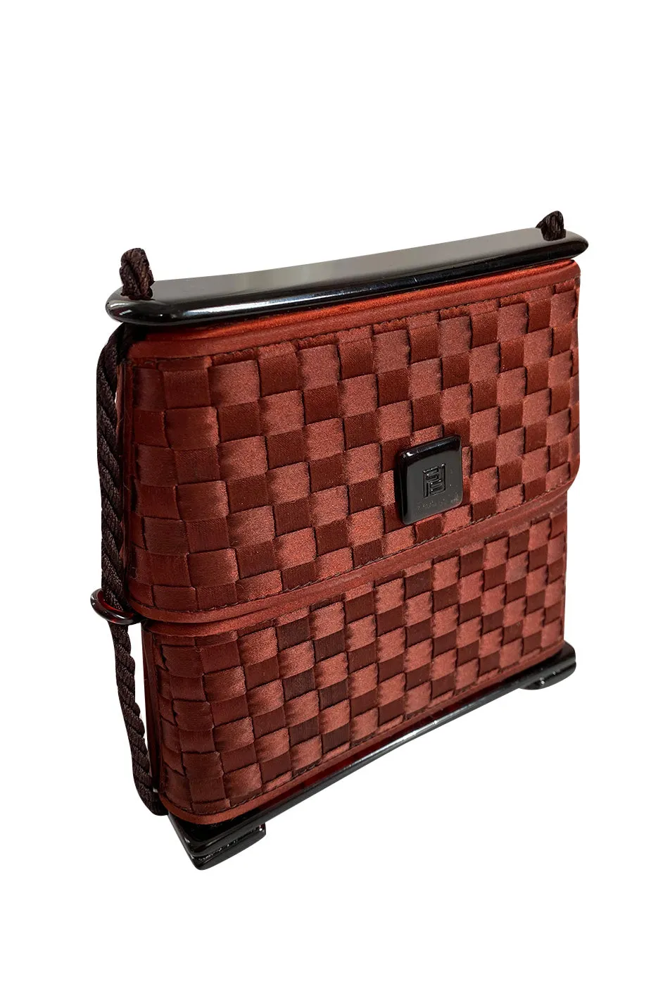 1990s Fendi Thatched Claret Silk Hard Sided Clutch Bag w Slide Top Opening