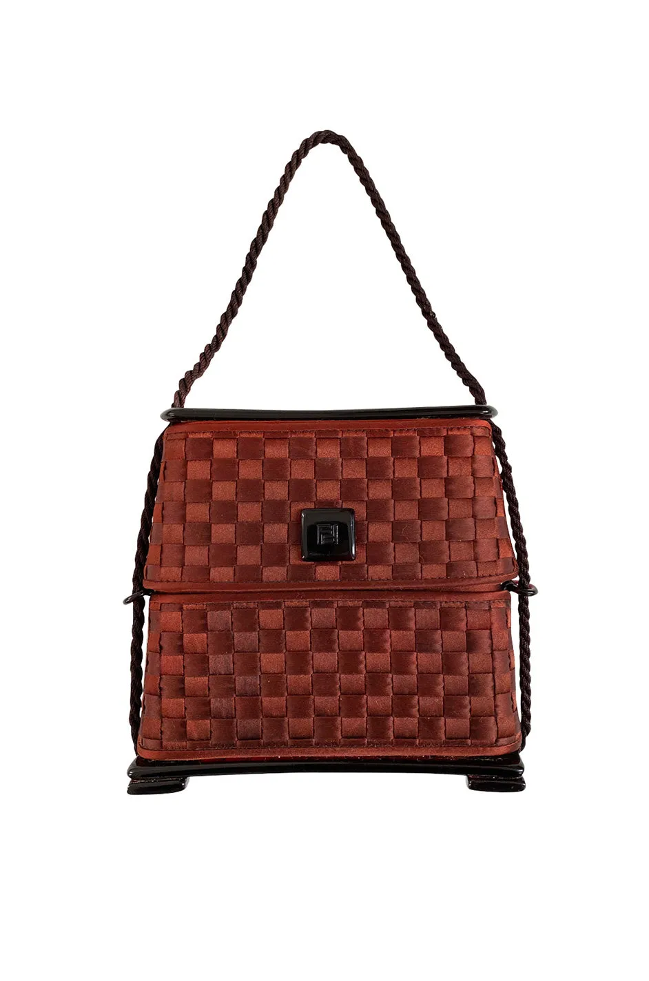 1990s Fendi Thatched Claret Silk Hard Sided Clutch Bag w Slide Top Opening