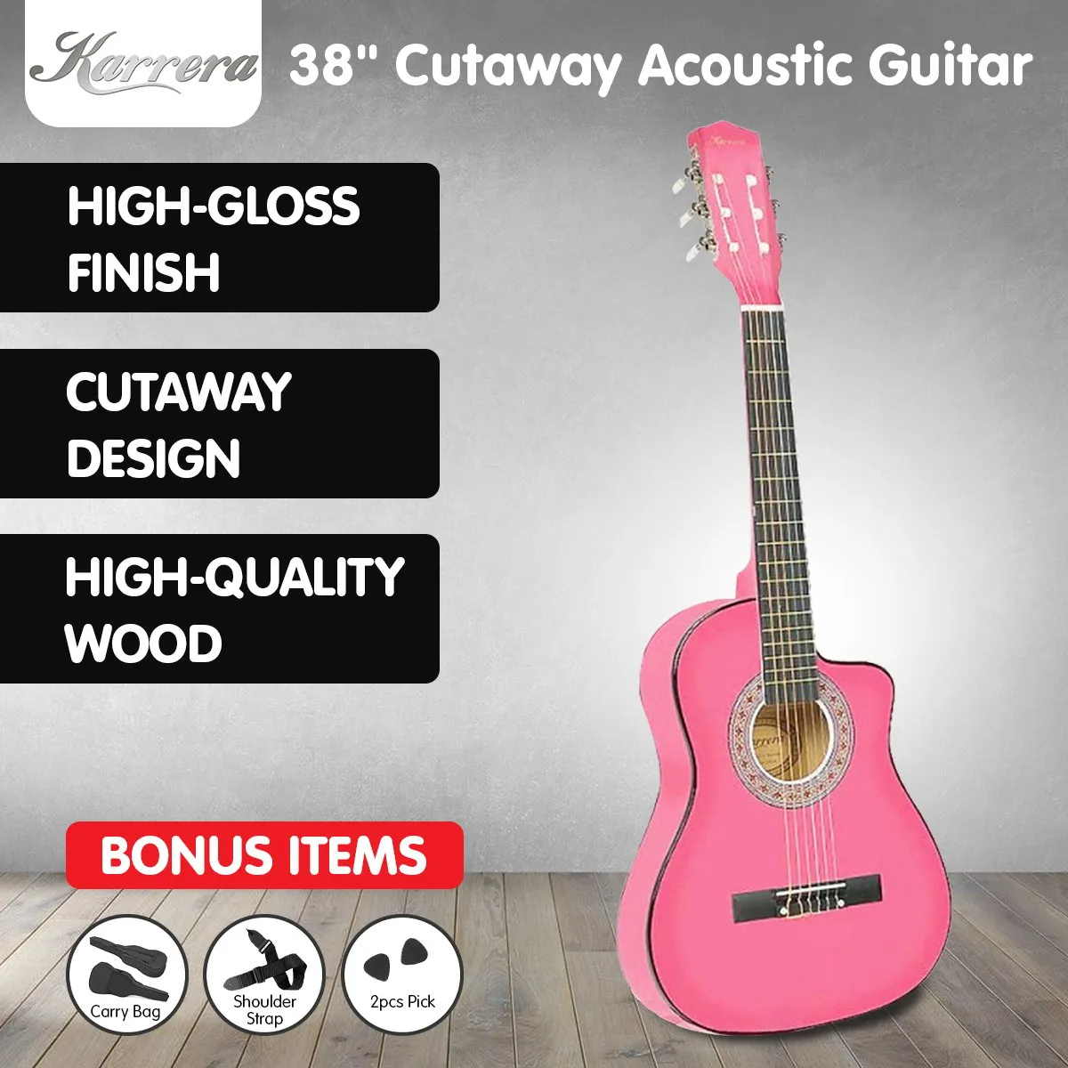 38in Cutaway Acoustic Guitar with guitar bag - Pink