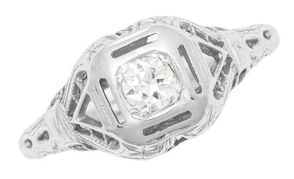 Adaline Edwardian Filigree Dome Antique Solitaire Diamond Engagement Ring in 18 Karat White Gold