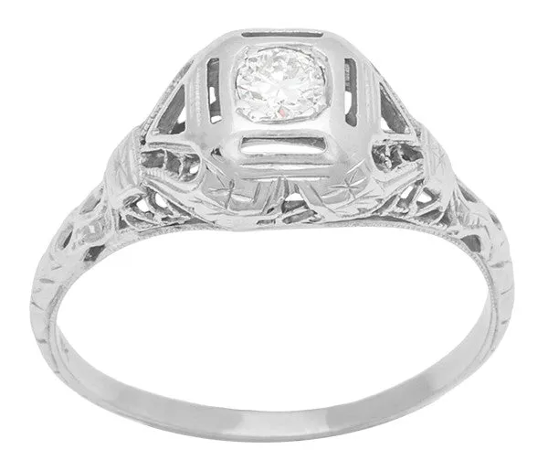 Adaline Edwardian Filigree Dome Antique Solitaire Diamond Engagement Ring in 18 Karat White Gold