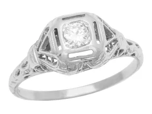 Adaline Edwardian Filigree Dome Antique Solitaire Diamond Engagement Ring in 18 Karat White Gold