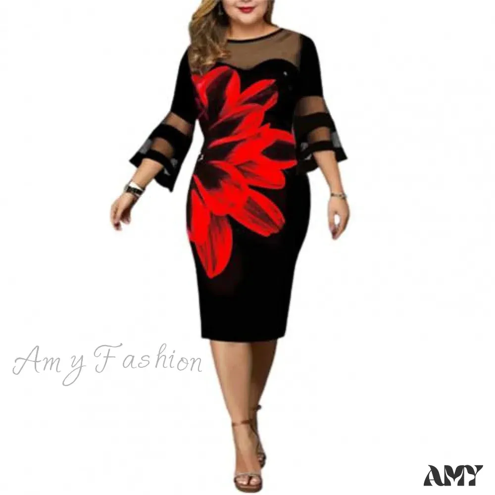 Amy Fashion - Elegant Mesh Bodycon Floral Print Party Dress