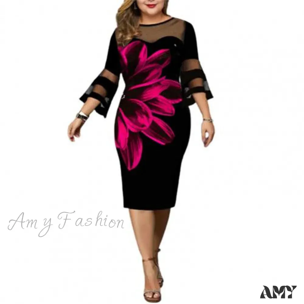 Amy Fashion - Elegant Mesh Bodycon Floral Print Party Dress
