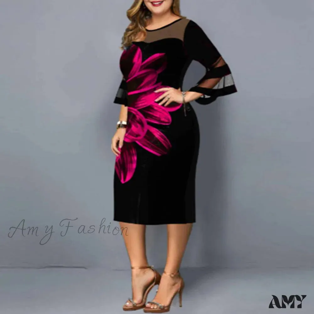 Amy Fashion - Elegant Mesh Bodycon Floral Print Party Dress