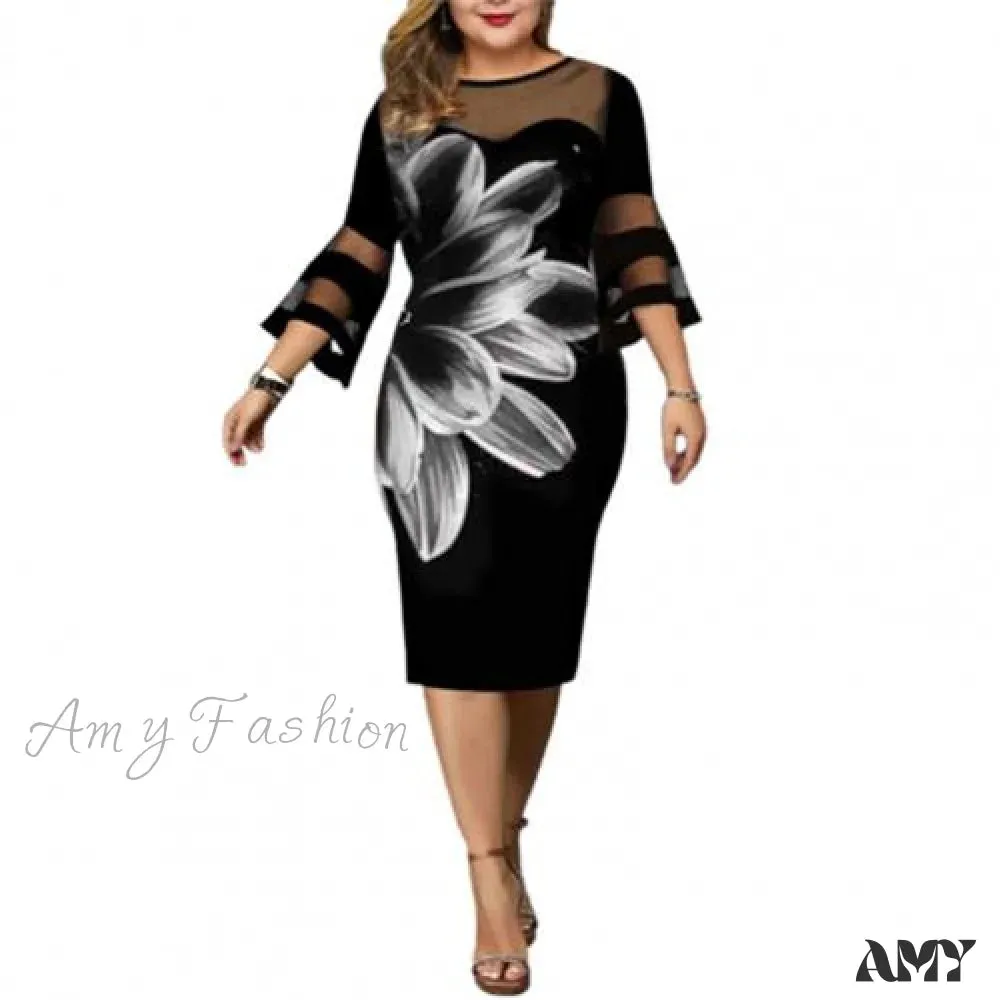 Amy Fashion - Elegant Mesh Bodycon Floral Print Party Dress