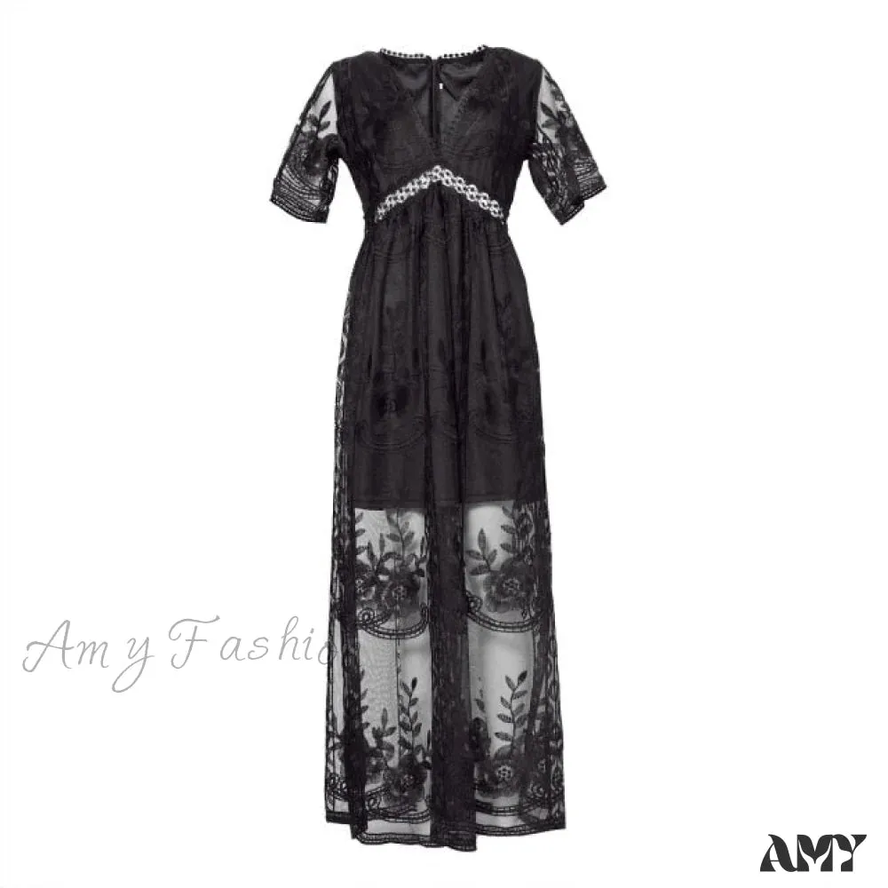 Amy Fashion - Loose Embroidery White Lace long Tunic Beach Dress
