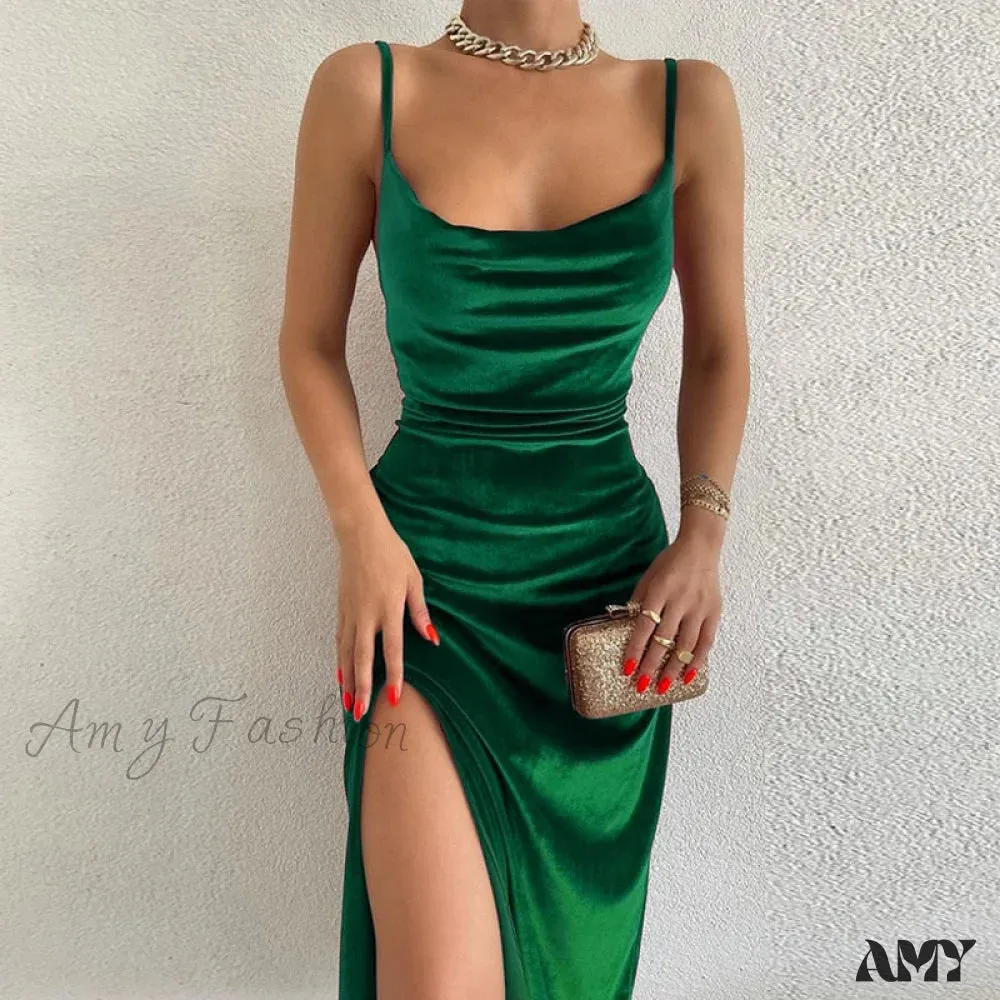 Amy Fashion - Women Velvet Square Neck Cami Strap Midi Dress