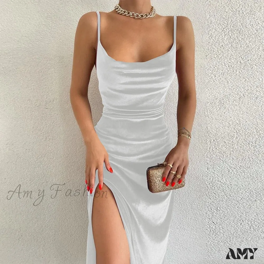 Amy Fashion - Women Velvet Square Neck Cami Strap Midi Dress