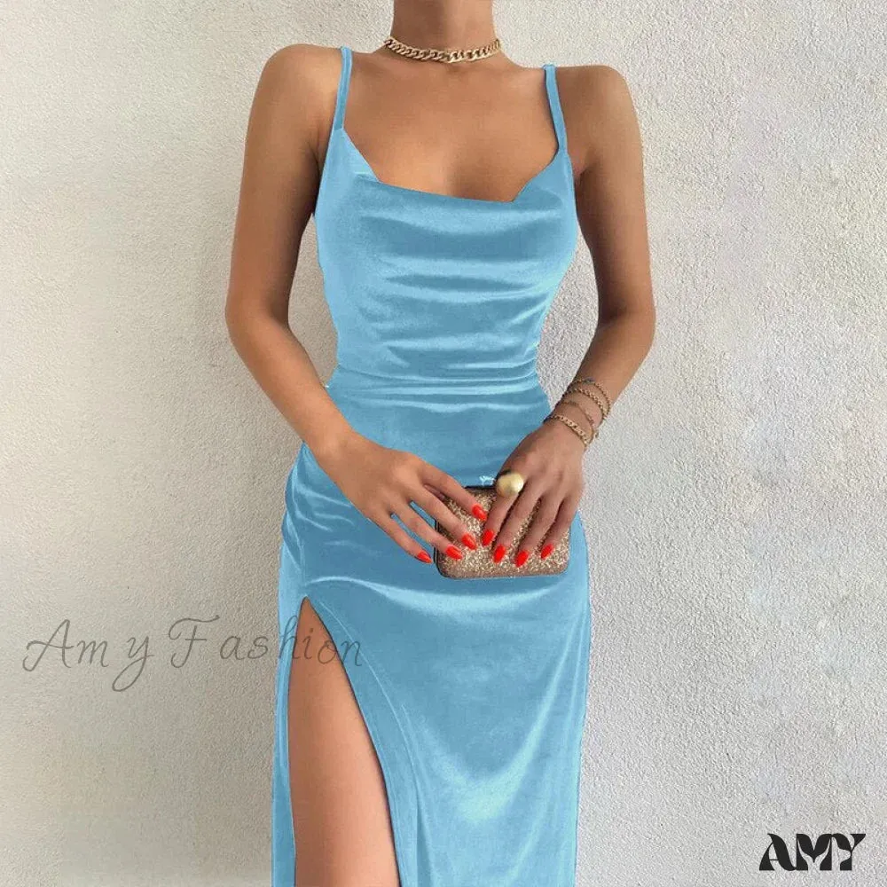 Amy Fashion - Women Velvet Square Neck Cami Strap Midi Dress