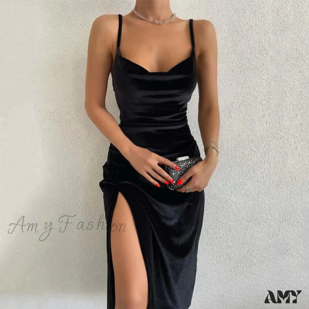 Amy Fashion - Women Velvet Square Neck Cami Strap Midi Dress