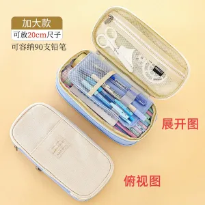 ANGOO LIGHT BLUE Expandable Canvas Pen Case Pencil Case Expandable Case Storage Case