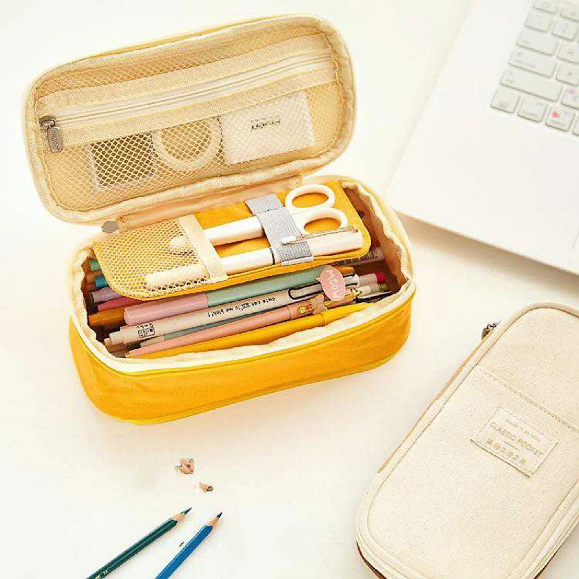ANGOO LIGHT BLUE Expandable Canvas Pen Case Pencil Case Expandable Case Storage Case