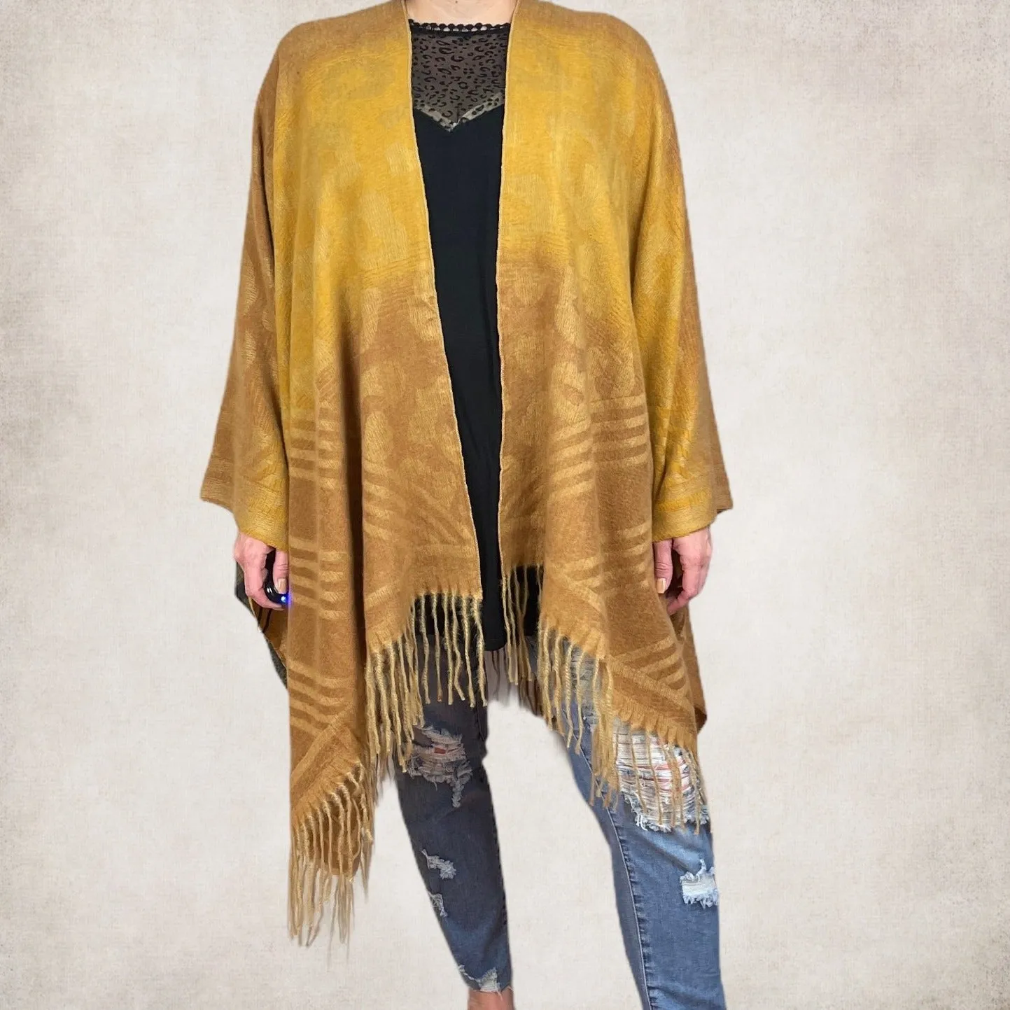 Animal Print with Tassels Ruana - Tuscan Brown