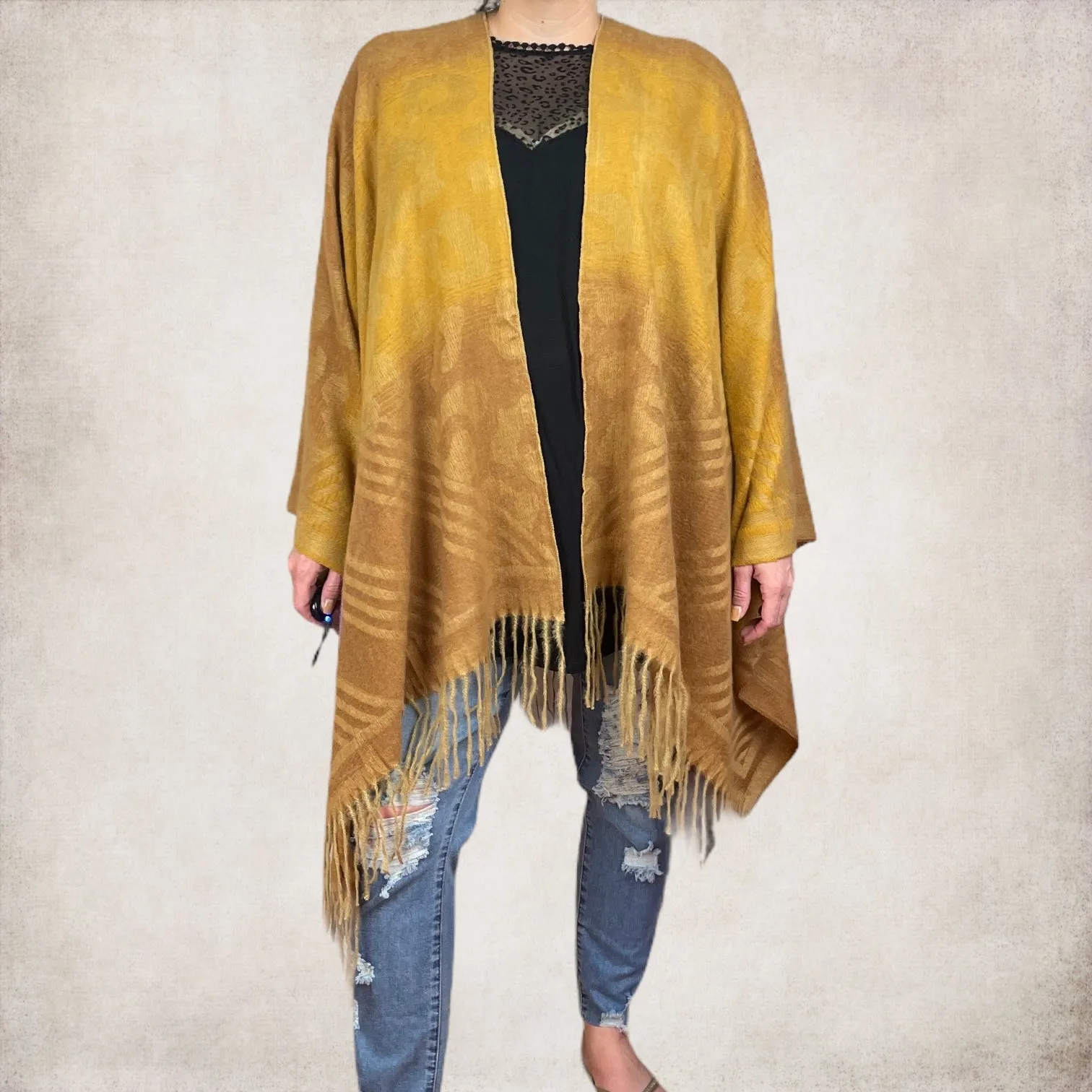 Animal Print with Tassels Ruana - Tuscan Brown