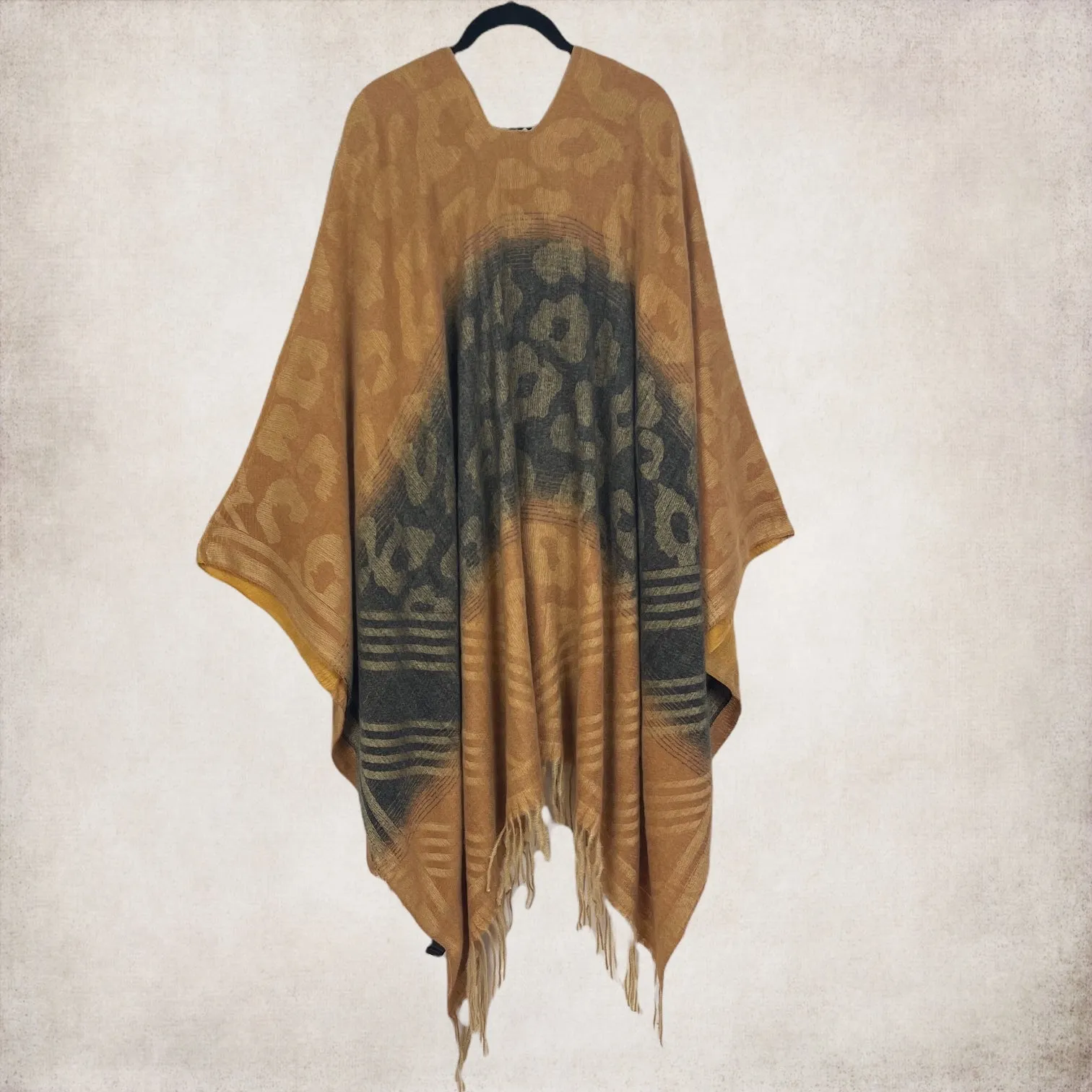 Animal Print with Tassels Ruana - Tuscan Brown