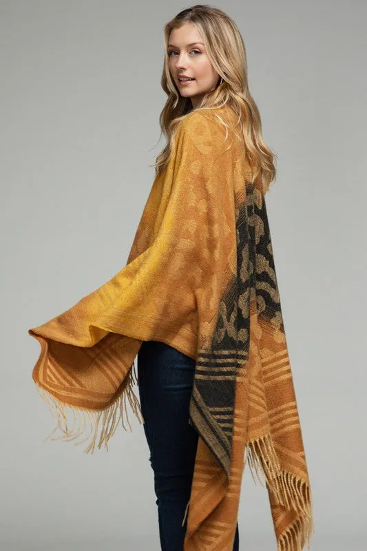Animal Print with Tassels Ruana - Tuscan Brown