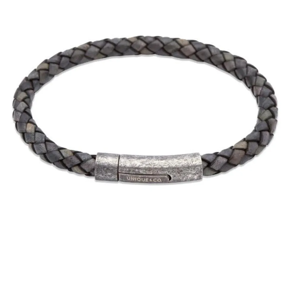 Antique black leather plaited bracelet with rustic steel clasp