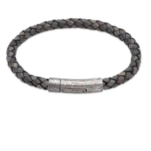 Antique black leather plaited bracelet with rustic steel clasp