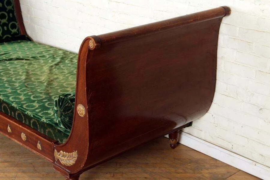Antique Day Bed, Sleigh Form, Large French, Green, Mahogany Circa 1900, Beauty!