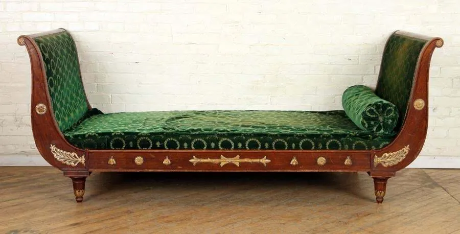 Antique Day Bed, Sleigh Form, Large French, Green, Mahogany Circa 1900, Beauty!