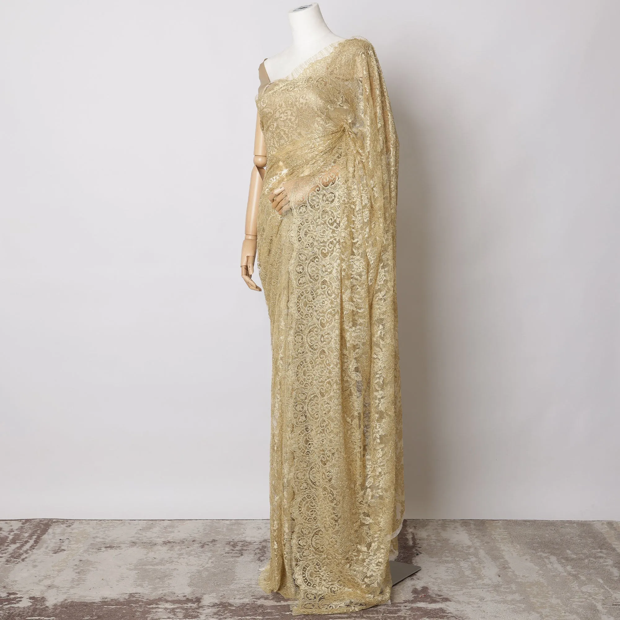 Antique Gold Metallic French Chantilly Lace Fabric – 5.5 Meters, Floral Design, 110 cm Width-D21082