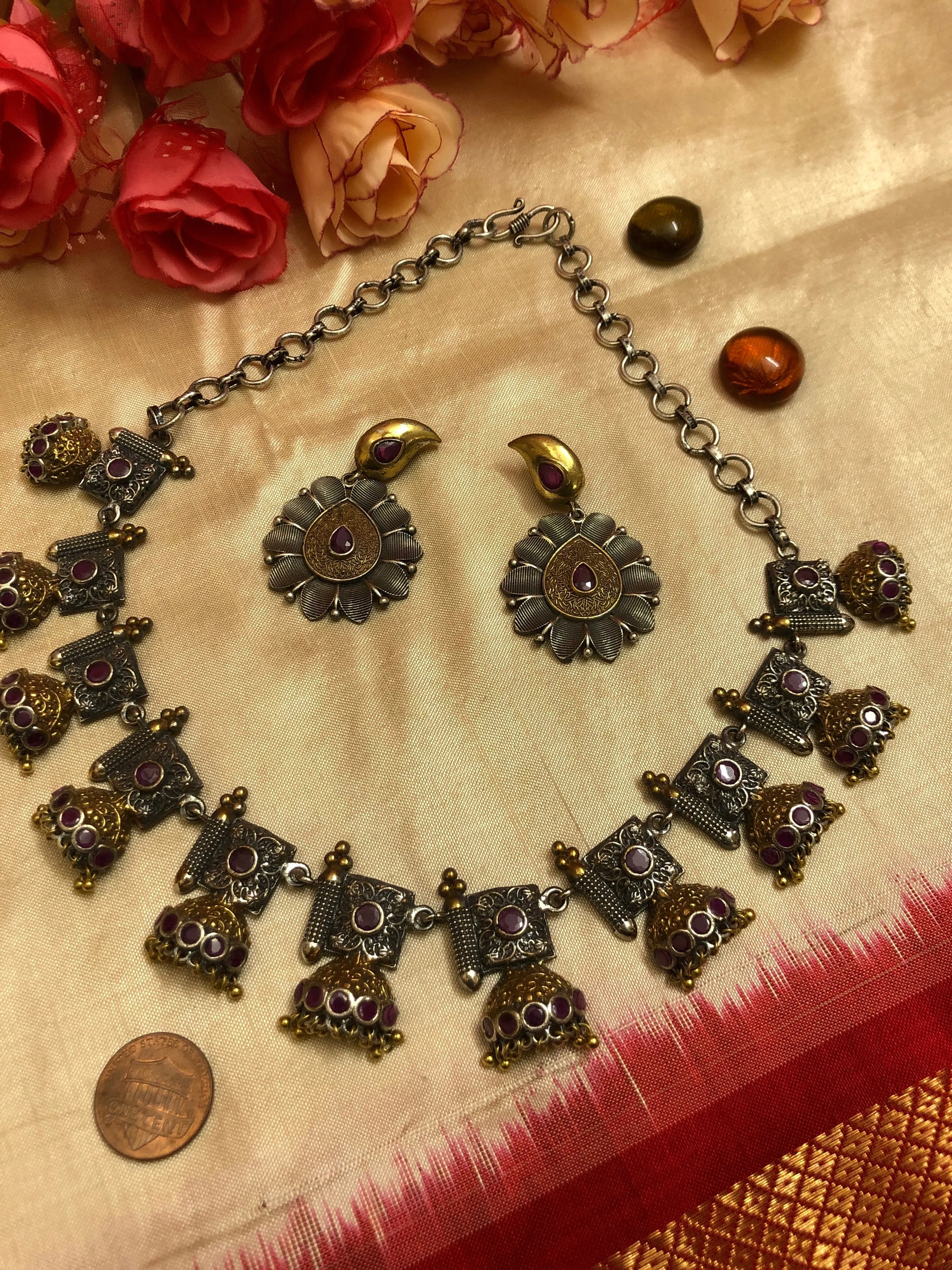 Antique Metal Multi-Pendant Collar Style Necklace Set