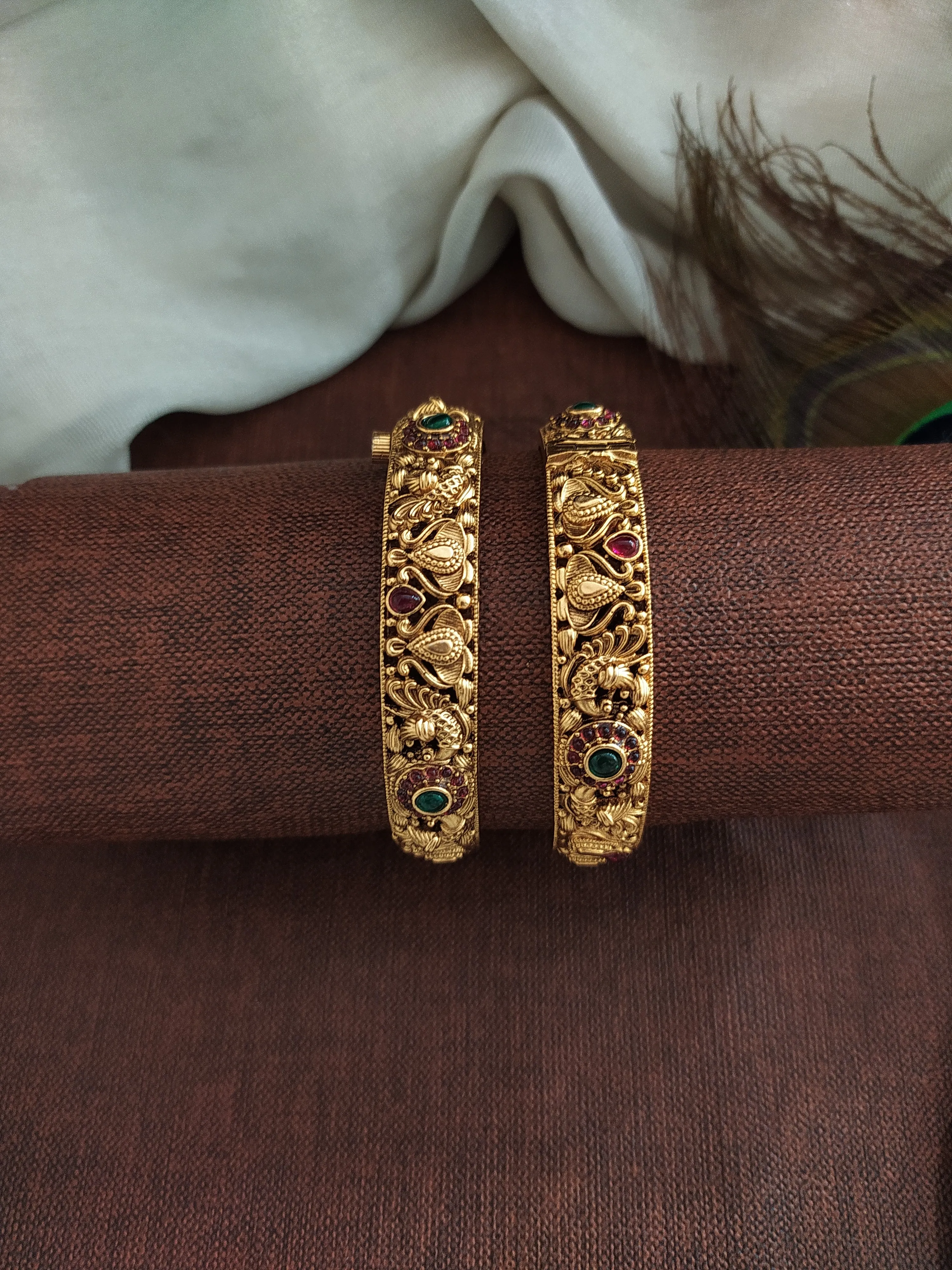 Antique Peacock Designed Screw-Type Kada Bangles