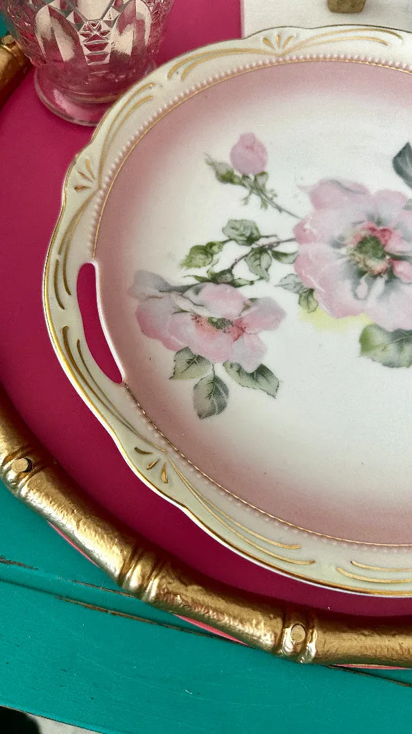 Antique Plate, Germany 47, Hand Painted, Pink and Green Floral, Gold Detail, Handled