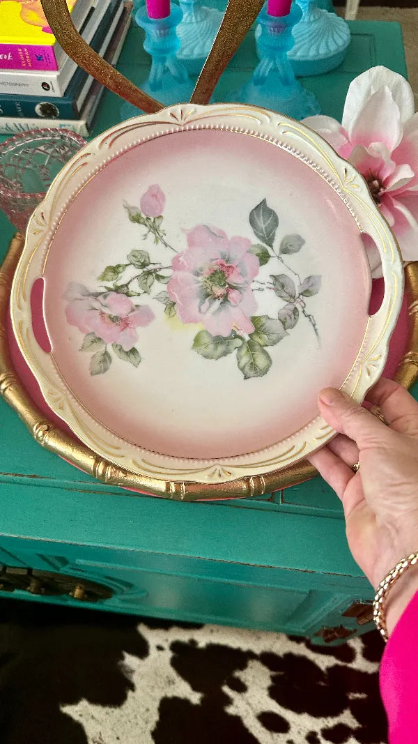 Antique Plate, Germany 47, Hand Painted, Pink and Green Floral, Gold Detail, Handled
