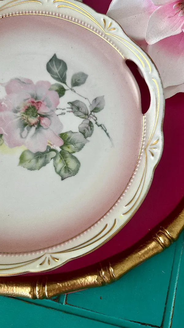 Antique Plate, Germany 47, Hand Painted, Pink and Green Floral, Gold Detail, Handled