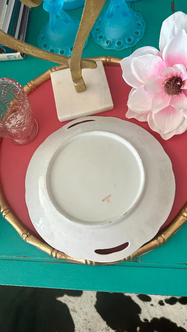 Antique Plate, Germany 47, Hand Painted, Pink and Green Floral, Gold Detail, Handled