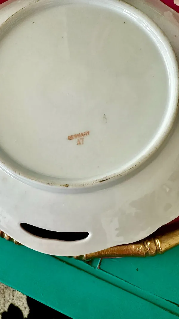 Antique Plate, Germany 47, Hand Painted, Pink and Green Floral, Gold Detail, Handled