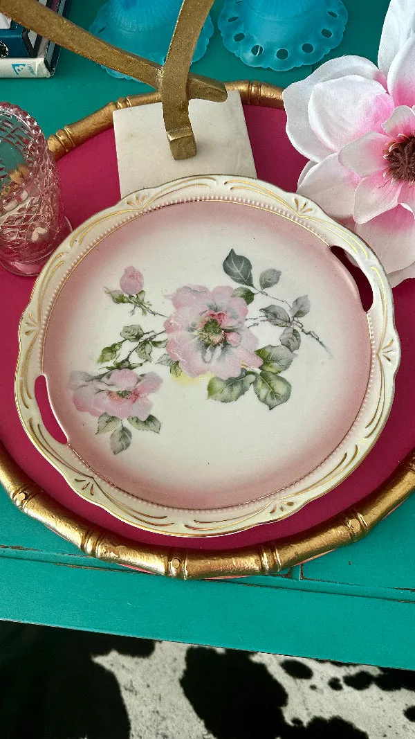 Antique Plate, Germany 47, Hand Painted, Pink and Green Floral, Gold Detail, Handled