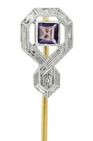 Art Deco Antique Amethyst Stickpin in 14 Karat Yellow Gold with Platinum Top