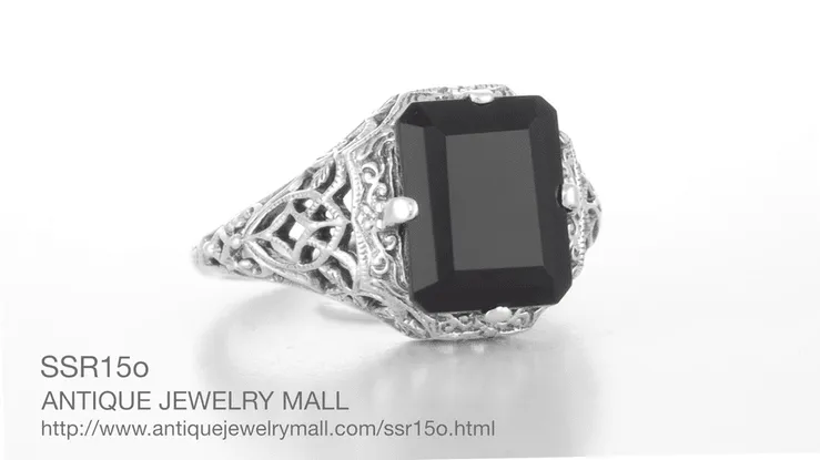 Art Deco Flowers and Leaves Black Onyx Filigree Ring in Sterling Silver