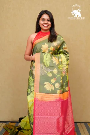AVOCADO GREEN WITH LEMON GINGER KANCHIVARAM SILK SAREE