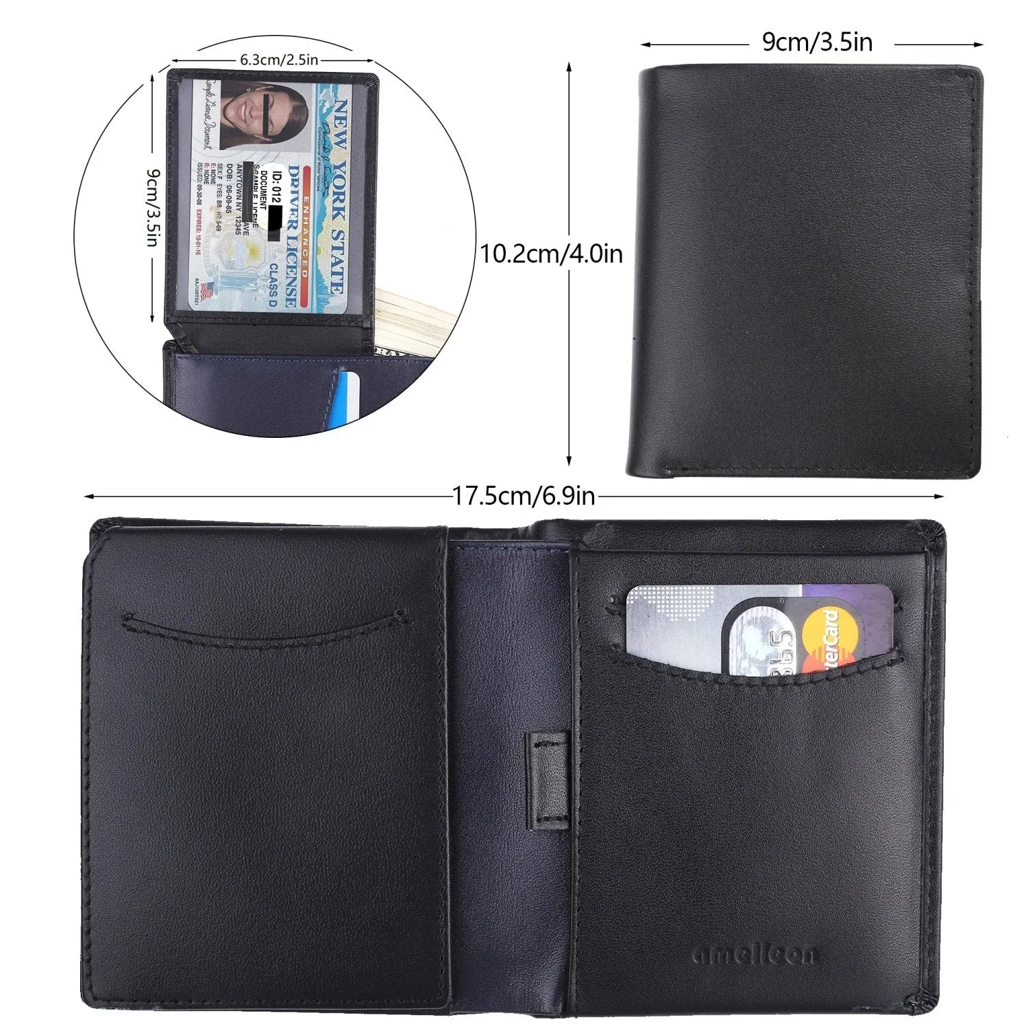 Bifold Trifold Leather RFID Mens Wallet with ID Window & Coin Pockets Black-blue
