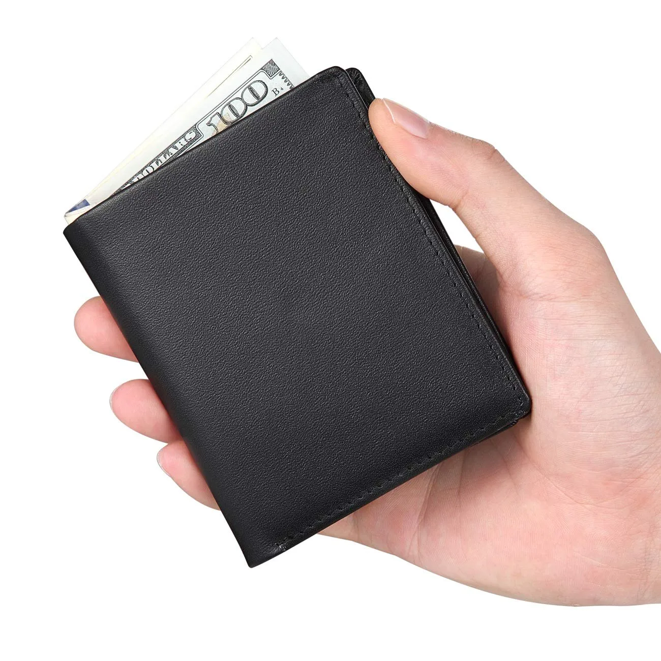 Bifold Trifold Leather RFID Mens Wallet with ID Window & Coin Pockets Black-blue