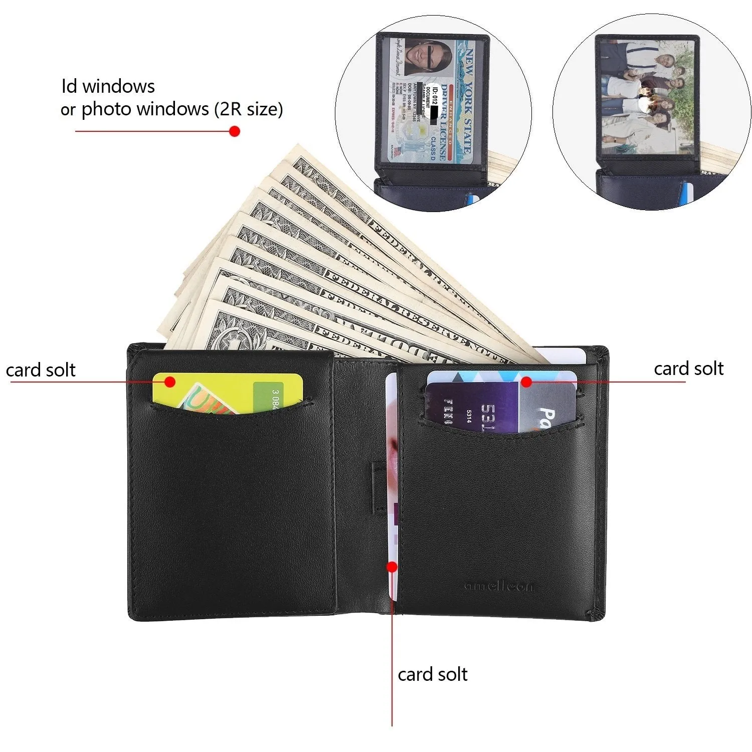 Bifold Trifold Leather RFID Mens Wallet with ID Window & Coin Pockets Black-blue