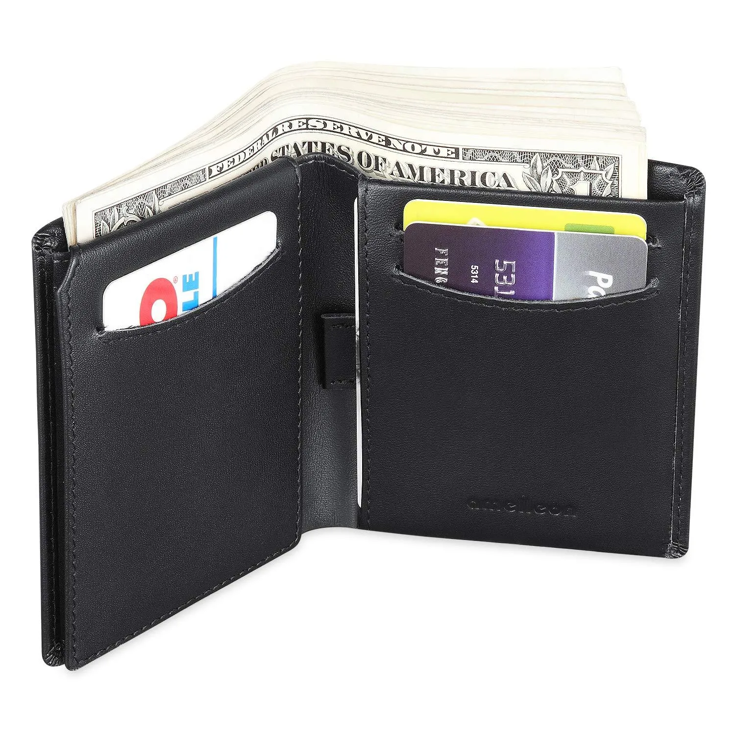 Bifold Trifold Leather RFID Mens Wallet with ID Window & Coin Pockets Black-blue