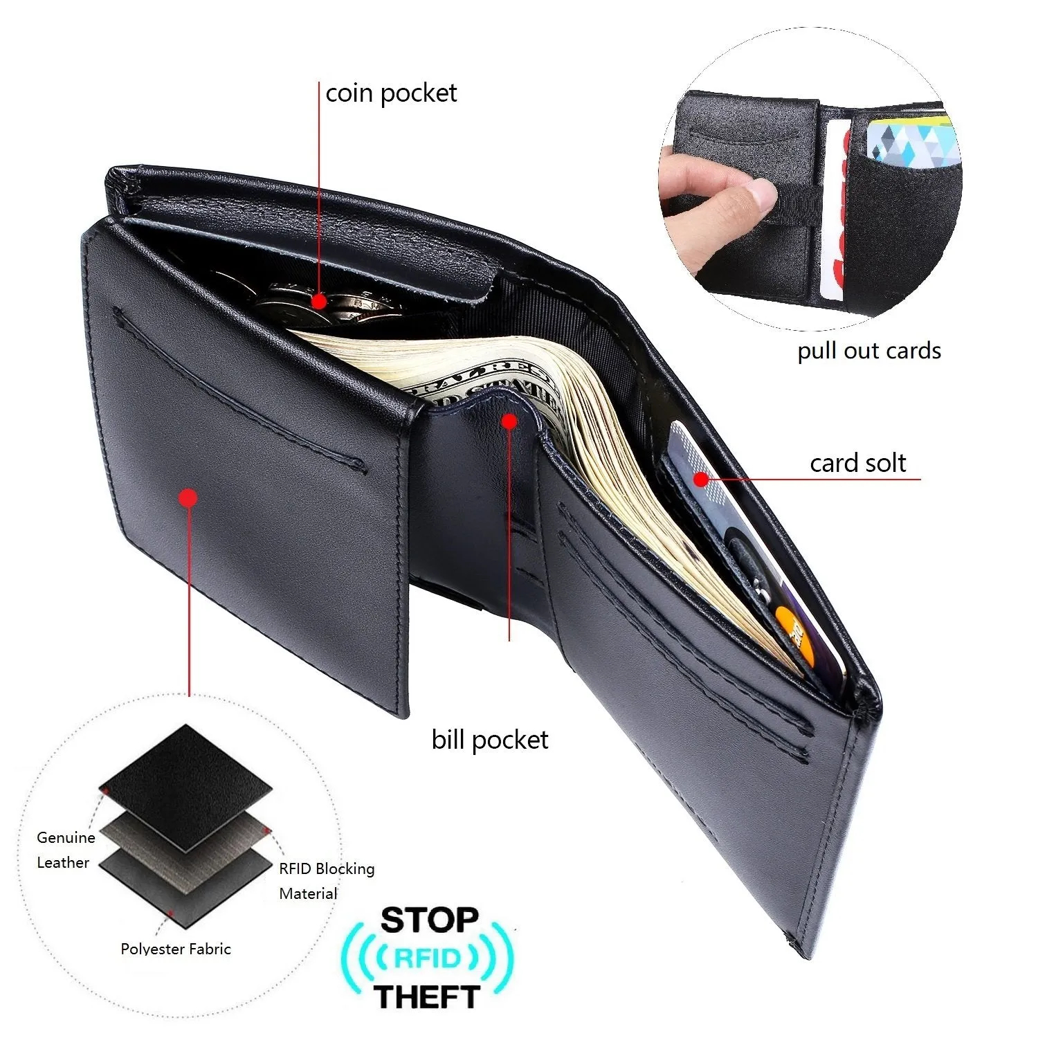 Bifold Trifold Leather RFID Mens Wallet with ID Window & Coin Pockets Black-blue