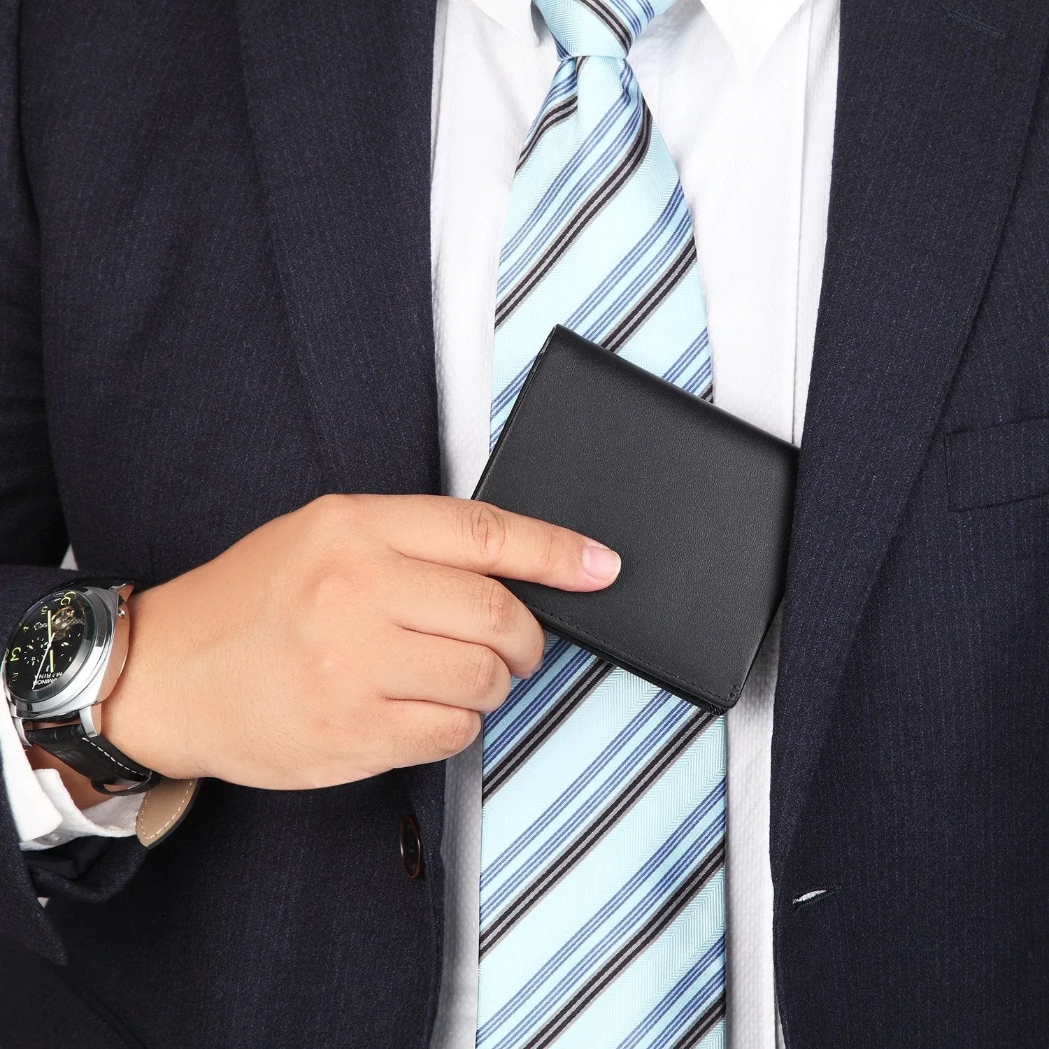 Bifold Trifold Leather RFID Mens Wallet with ID Window & Coin Pockets Black-blue