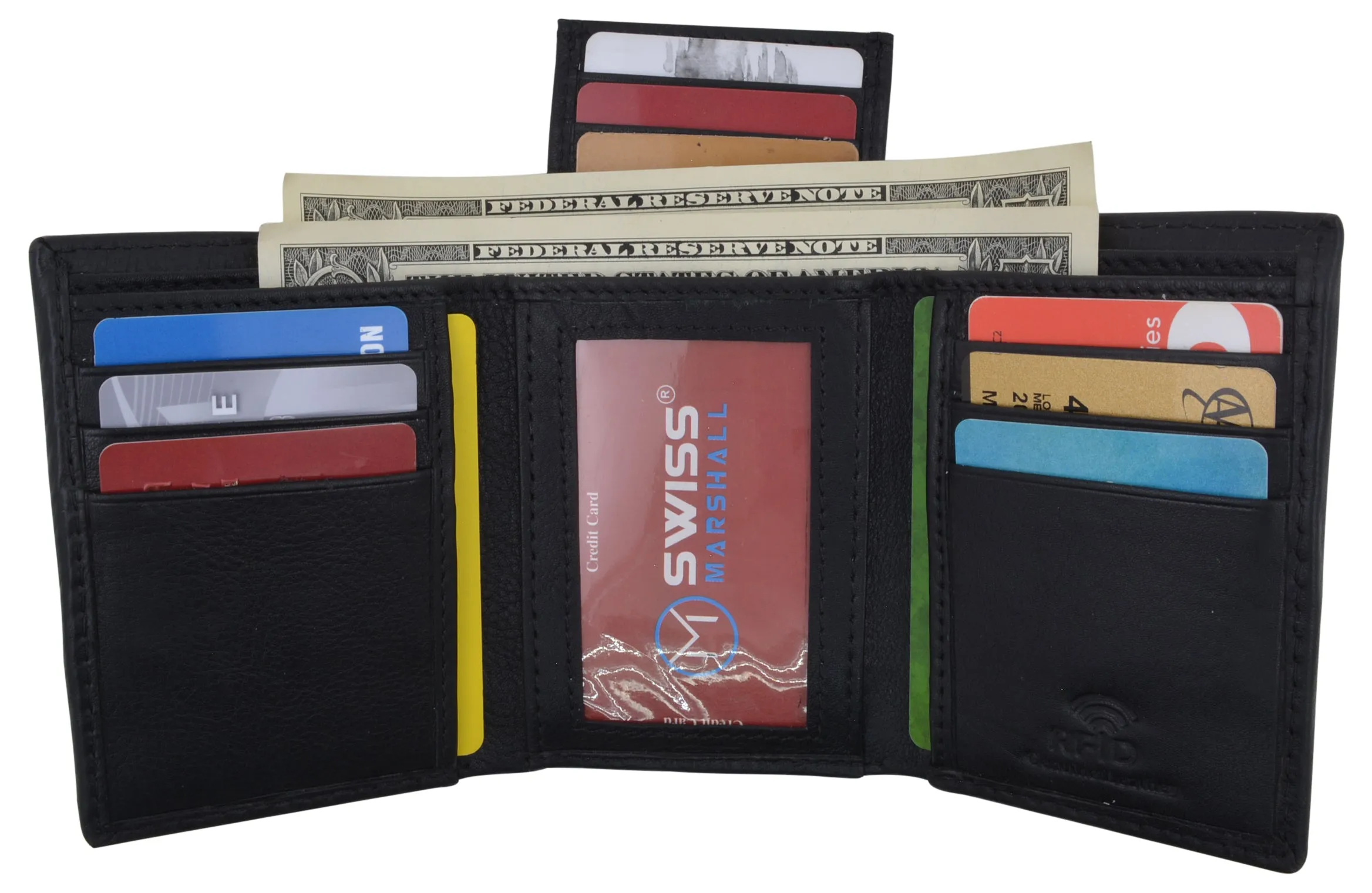 Black Mens Leather RFID Trifold Card ID Wallet W/ Removable Card Holder & Gift Box
